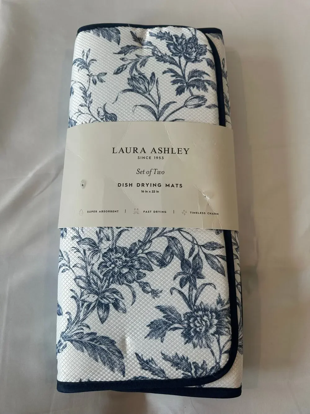 Laura Ashley Set of 2 Dish Drying Mats Amberly Quilt Navy Blue Floral 16x22 NWT